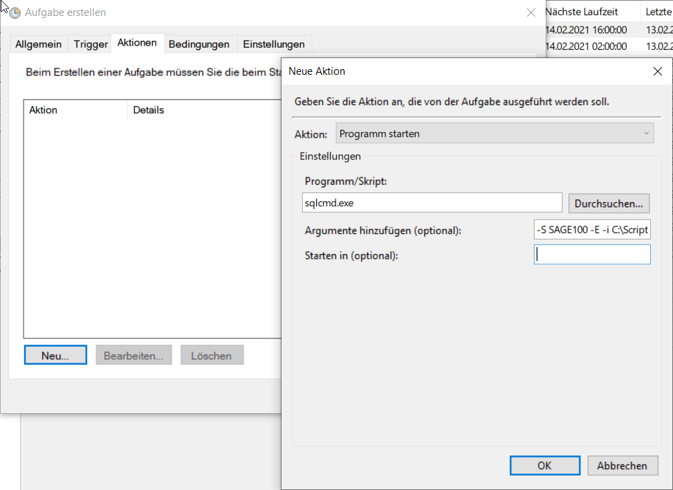 Reiter Aktionen mit dem Aufruf von sqlcmd.exe und den notwendigen Argumenten