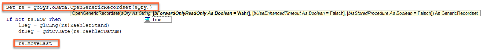 Codeausschnitt mit der fehlerhaften Initialisierung des GenericRecordsets ohne expliziten Forward-Only-Parameter