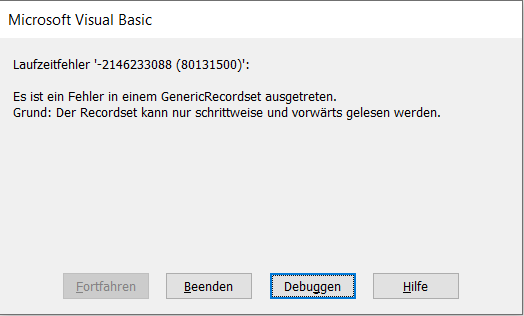 Visual-Basic-Debugger zeigt einen Laufzeitfehler beim Sprung zum letzten Datensatz