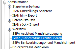 Regiezentrum der Sage 100 mit dem Eintrag Beleg- und Berichtskonfiguration