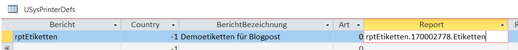 Beispieleintrag einer Zeile in der Tabelle USysPrinterDefs