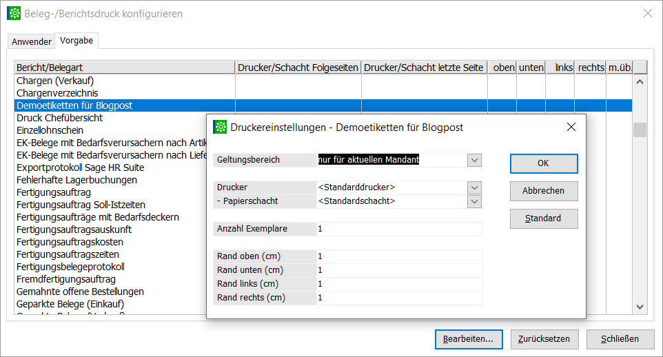 Konfigurationsmaske der Drucksteuerung mit Drucker, Papierschacht und Randabständen