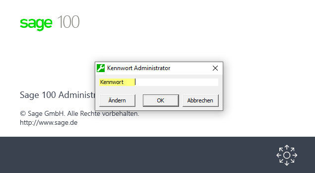 Sage-Login-Dialog mit Aufforderung zur Eingabe des Administrator-Kennworts