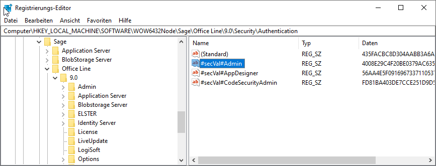 Registrierungs-Editor mit dem Schlüssel secVal#Admin im Sage-Authentication-Pfad